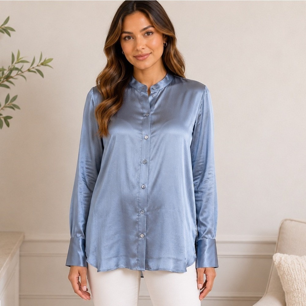 Eileen Fisher Silk Button Up Shirt Textured XS Blue‎ Band Collar Long Sleeve